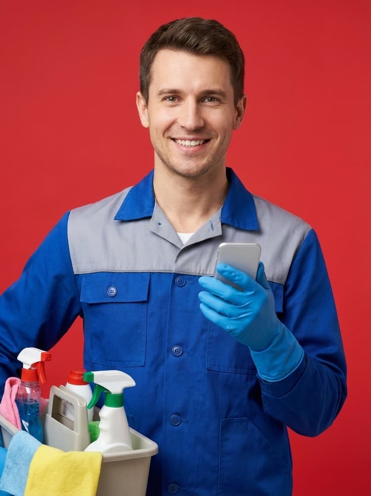 Woman smiling in a cleaning uniform