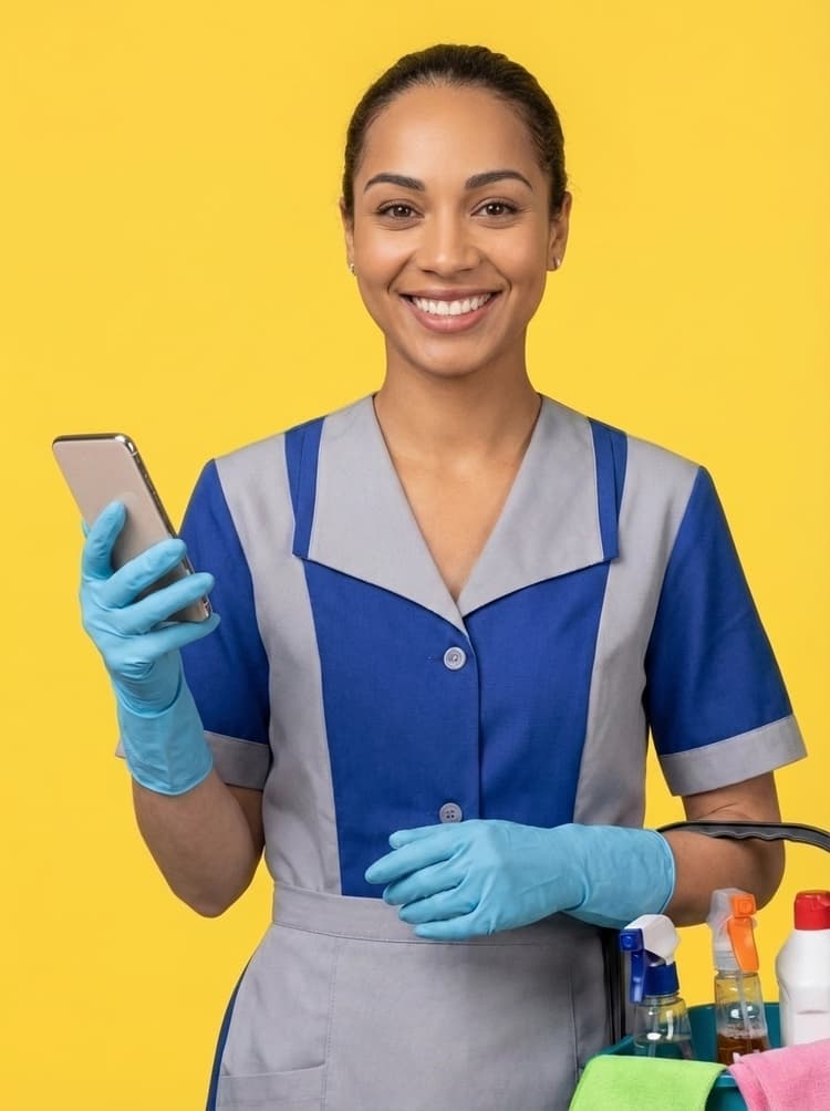 Woman preparing for a cleaning shift