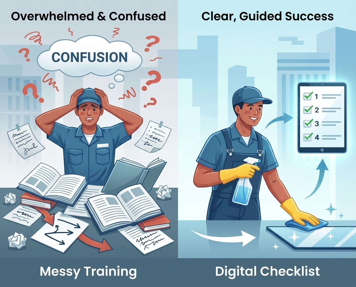 Illustration showing how poor training causes cleaners to feel lost and quit early in cleaning jobs