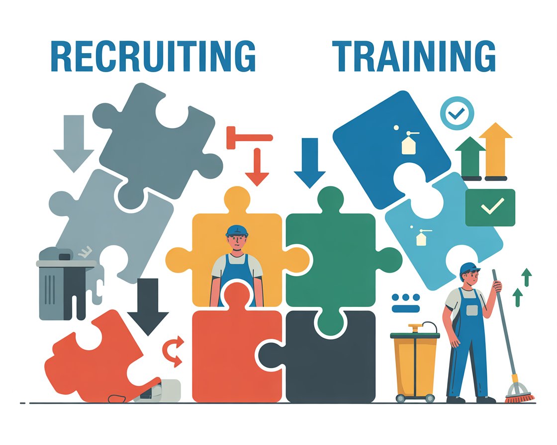 Illustration comparing recruiting and training systems to show how both influence cleaner retention and early employee turnover.