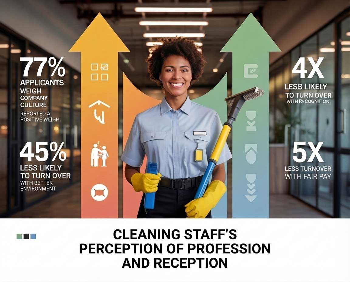 A smiling female cleaning professional in uniform holding a cleaning tool, standing in front of a colorful infographic with upward-pointing arrows displaying statistics on how company culture, fair pay, and recognition reduce employee turnover.