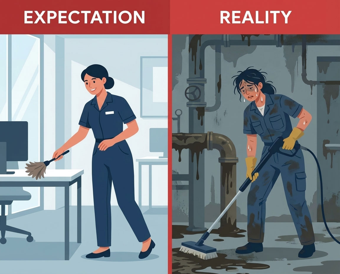 A flat vector illustration using a split-screen to compare a recruit's initial easy job expectation with the difficult, strenuous reality of cleaning work