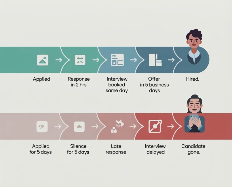  Flat vector illustration of two candidate journey timelines for cleaning company hiring, showing how fast communication leads to a successful hire while slow response results in candidate dropout and ghosting.
