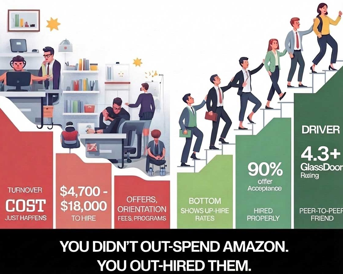 A split-screen illustration contrasting a chaotic office with high turnover costs in red against the "beautiful after" of professionals confidently climbing a green staircase alongside positive retention metrics like a 90% offer acceptance rate. The botto