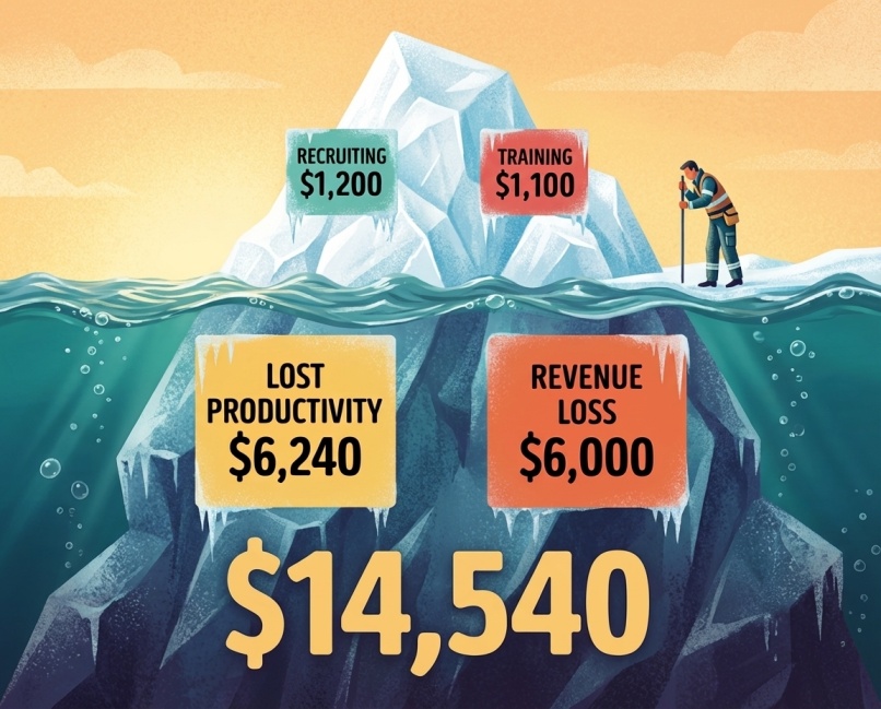 Flat vector iceberg diagram showing the true $14,540 cost of losing one cleaning employee — visible recruiting and training costs above water, hidden productivity and revenue losses below