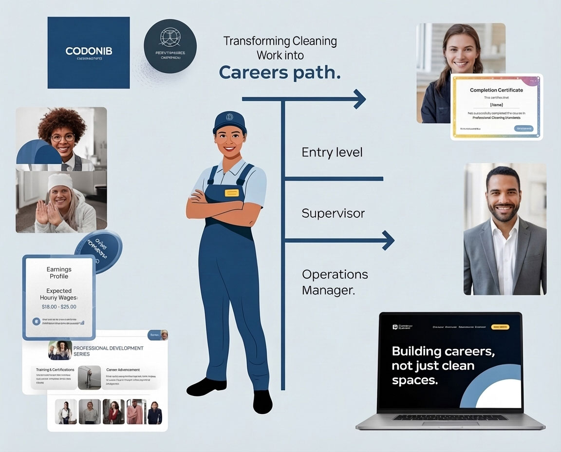 An infographic demonstrating how to erase the transient work stigma in the cleaning industry by offering a clear career path. It features a cleaning professional next to progression arrows for Entry level, Supervisor, and Operations Manager roles, surroun