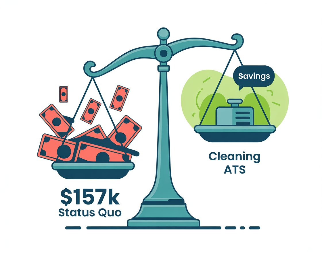 Balance scale comparing $157K annual status quo hiring costs against affordable cleaning-specific recruiting system, showing significant savings.