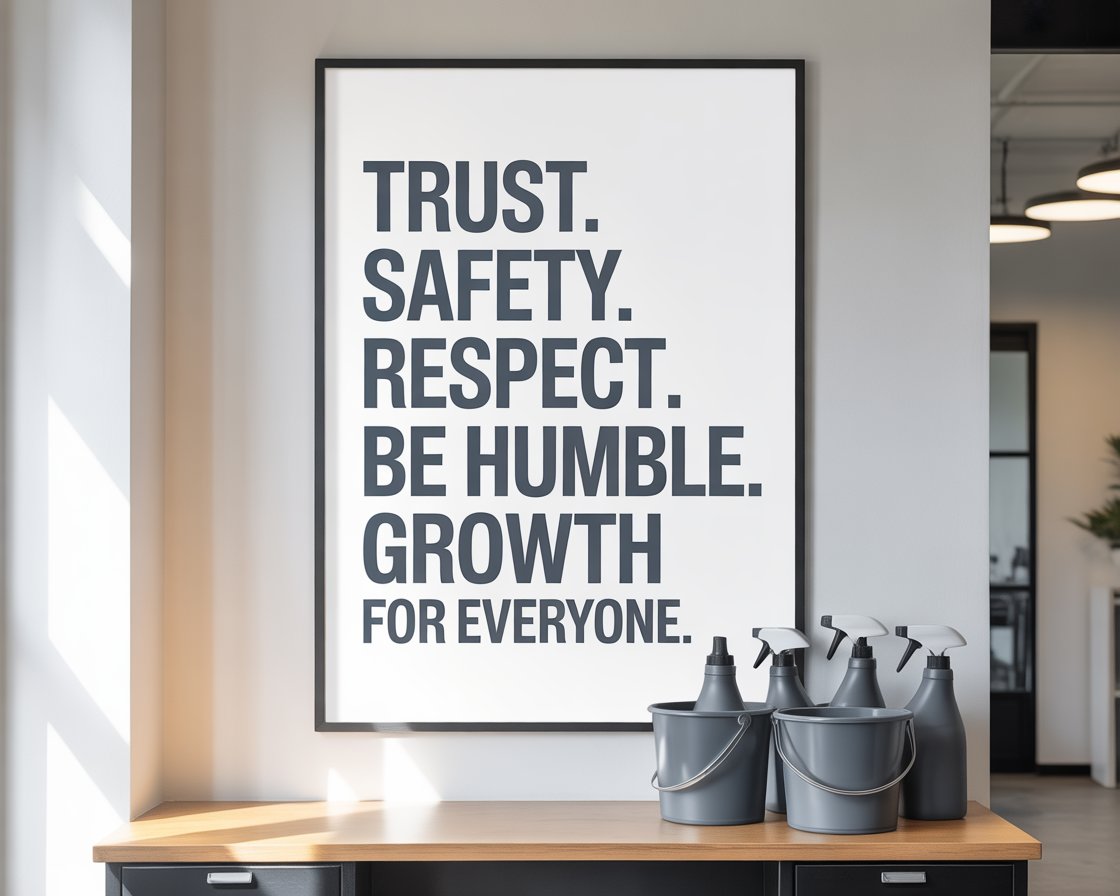 A framed office poster displaying company core values that read "TRUST. SAFETY. RESPECT. BE HUMBLE. GROWTH FOR EVERYONE." with gray cleaning buckets and spray bottles sitting on a wooden counter beneath it.