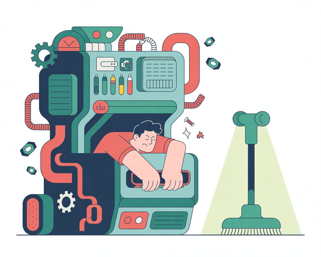  Flat vector showing enterprise HR software as an oversized machine failing small cleaning companies, contrasted with a simple cleaning-specific ATS.