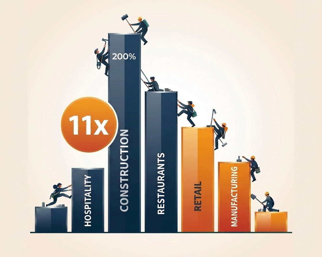 Flat vector bar chart comparing cleaning industry 200% annual turnover rate against hospitality, restaurants, retail, and the 18% national average — an 11x multiple
