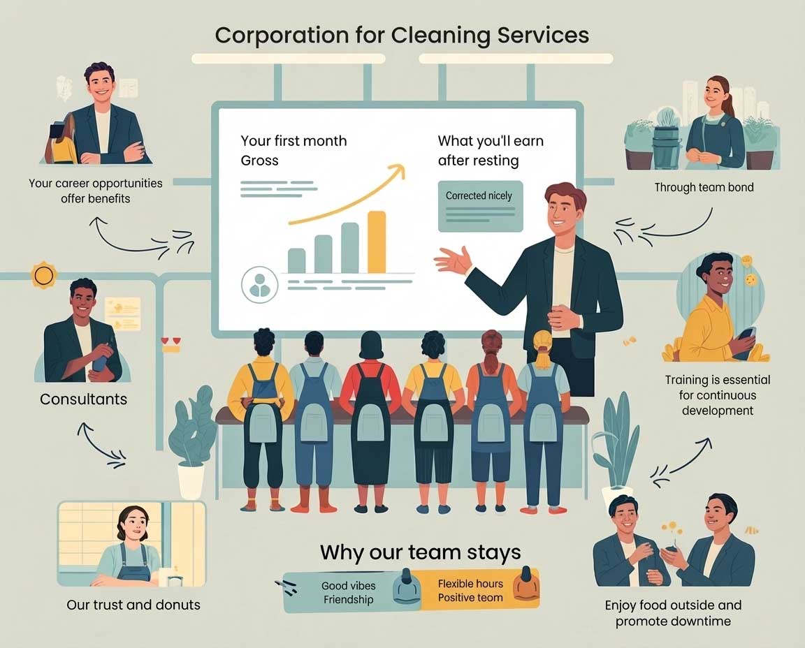An infographic titled "Corporation for Cleaning Services" showing a manager presenting career and salary growth to a team of cleaning staff. Surrounding illustrations highlight key recruitment touchpoints like career benefits, team bonding, continuous tra