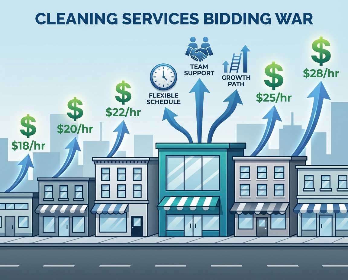Flat vector illustration showing cleaning companies competing on wages with one company differentiating through non-monetary benefits, visualizing how to compete beyond pay in the cleaning industry