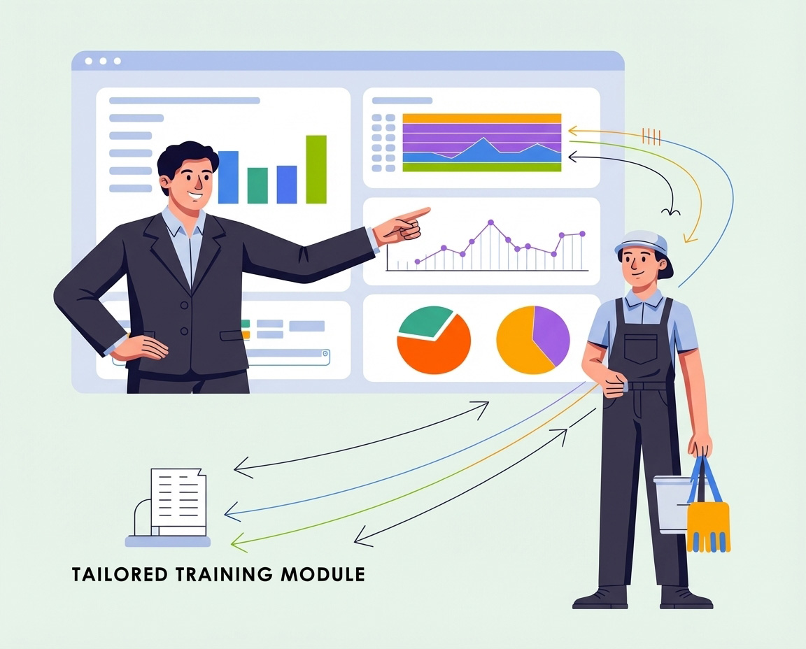 A flat vector illustration showing data from a recruiting dashboard directly shaping and customizing individual training manuals for a new cleaning employee