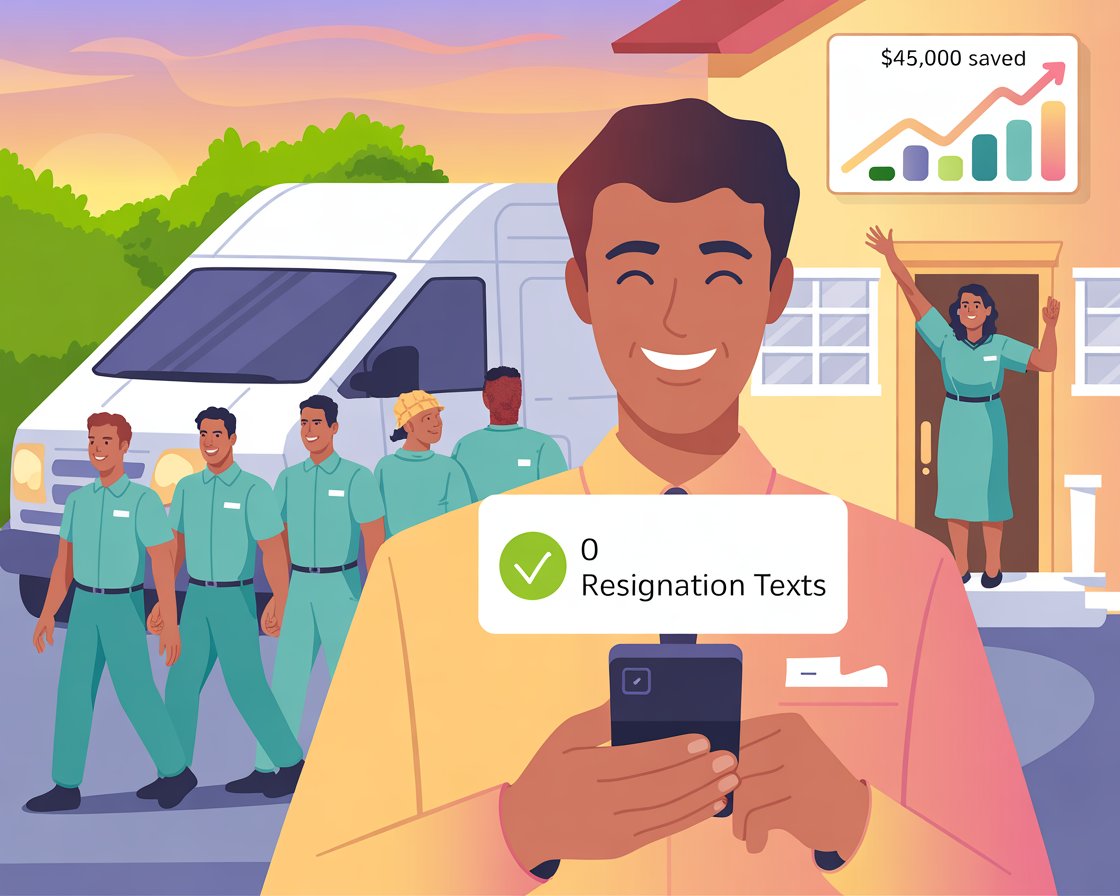 Flat vector illustration of a thriving cleaning company after fixing turnover — stable team, satisfied clients, rising profits, and zero Monday resignation texts