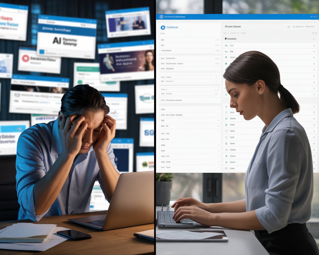A split-screen illustration showing a stressed man at his laptop overwhelmed by numerous overlapping digital windows on the left, contrasted with a calm woman working efficiently in front of a clean, organized software interface on the right.