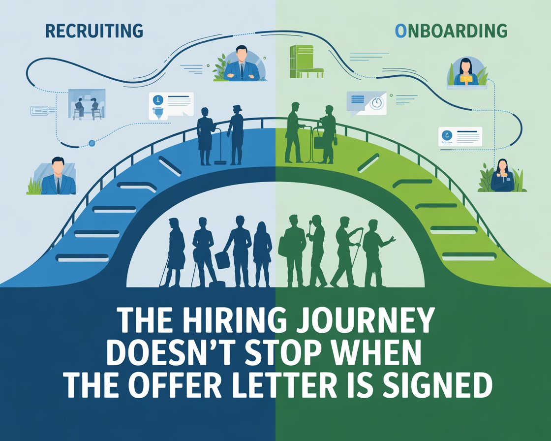 Illustration showing onboarding as a continuation of the recruiting process for cleaning staff retention