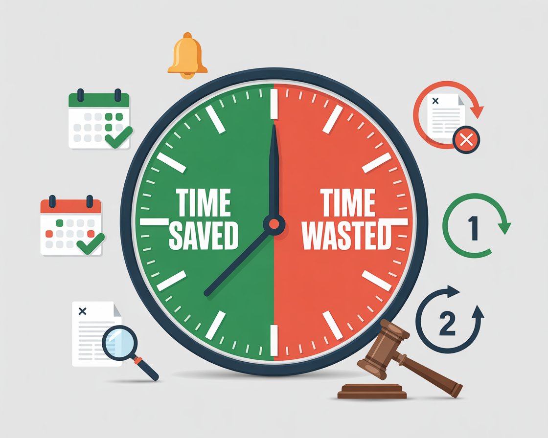 An infographic featuring a clock divided into two sections. The green left half is labeled "TIME SAVED" alongside icons for efficient scheduling, notifications, and document review. The red right half is labeled "TIME WASTED" with icons showing rejected d
