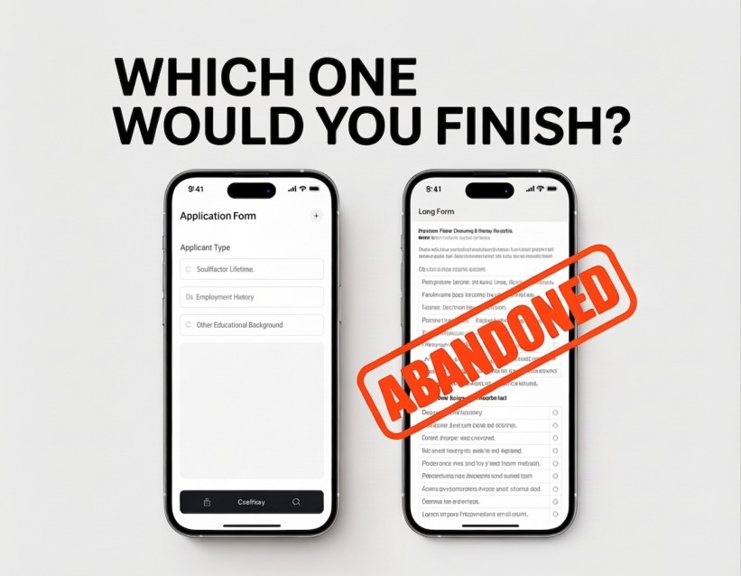 An image comparing two mobile phone screens under the heading "WHICH ONE WOULD YOU FINISH?". The left phone displays a clean, short application form. The right phone shows a cluttered, text-heavy long form covered by a large red stamp that reads "ABANDONE