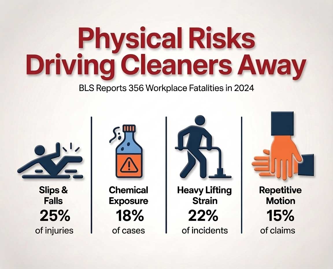 A clean infographic detailing physical risks to cleaning staff that drive cleaner turnover. 