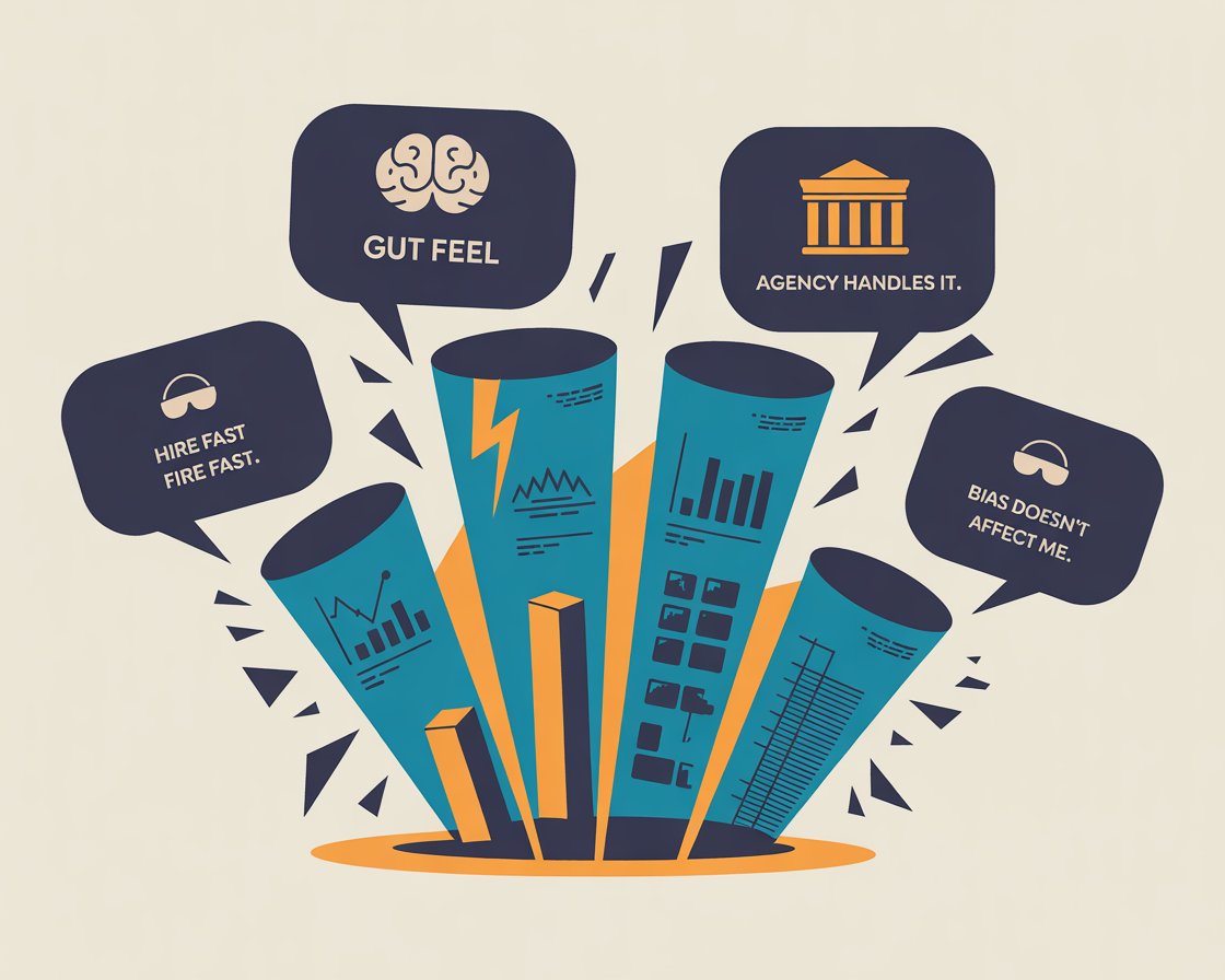 Four shattered speech bubbles representing common hiring myths that hurt cleaning companies, replaced by data-driven structured hiring approaches.