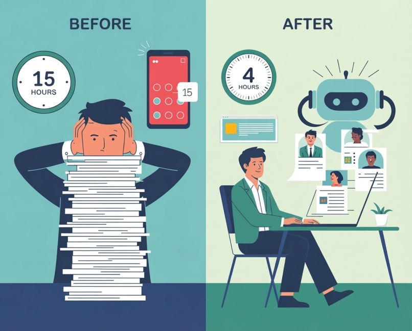  Before-and-after flat vector showing cleaning business owner reducing weekly recruiting time from 15 hours to 4 hours with an automated ATS.