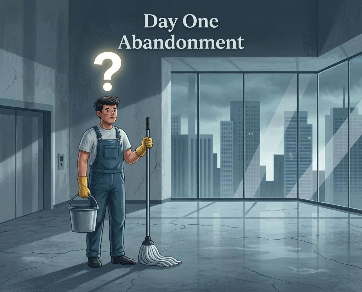 A flat vector illustration of a lonely cleaning employee standing confused and isolated in a dark facility on their first day, feeling abandoned by management