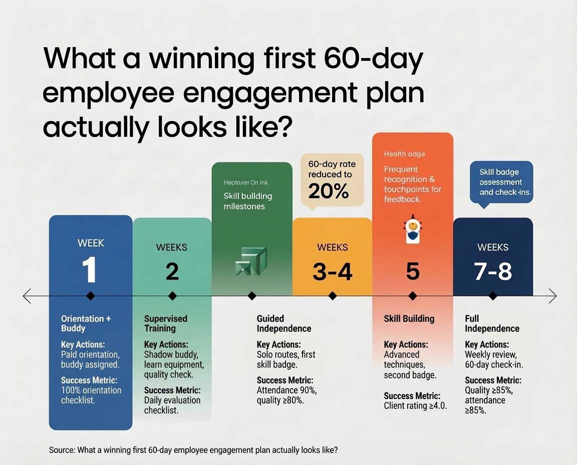 A timeline infographic titled "What a winning first 60-day employee engagement plan actually looks like?" detailing a step-by-step onboarding process from Week 1 to Weeks 7-8. It outlines phases including Orientation, Supervised Training, Guided Independe