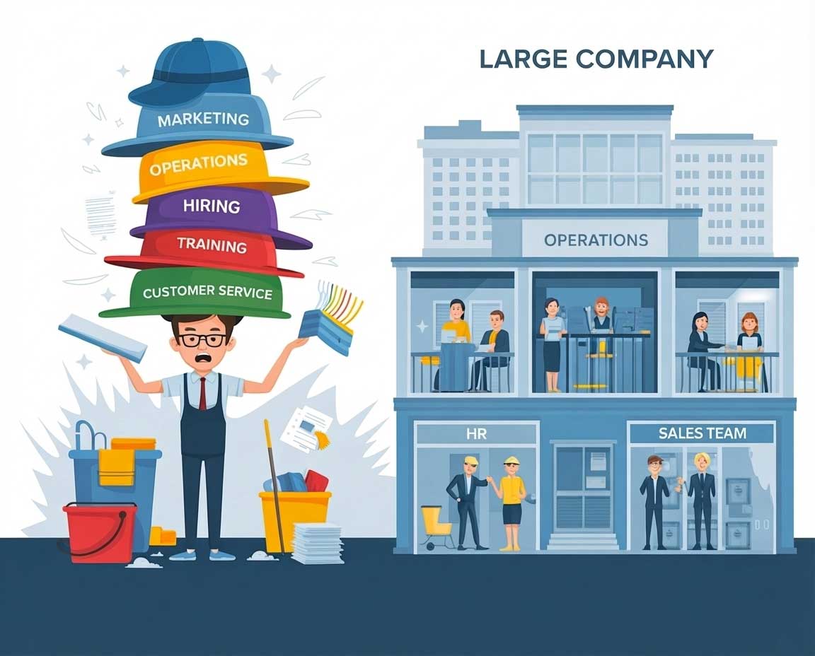 Illustration comparing turnover challenges between small and large cleaning companies