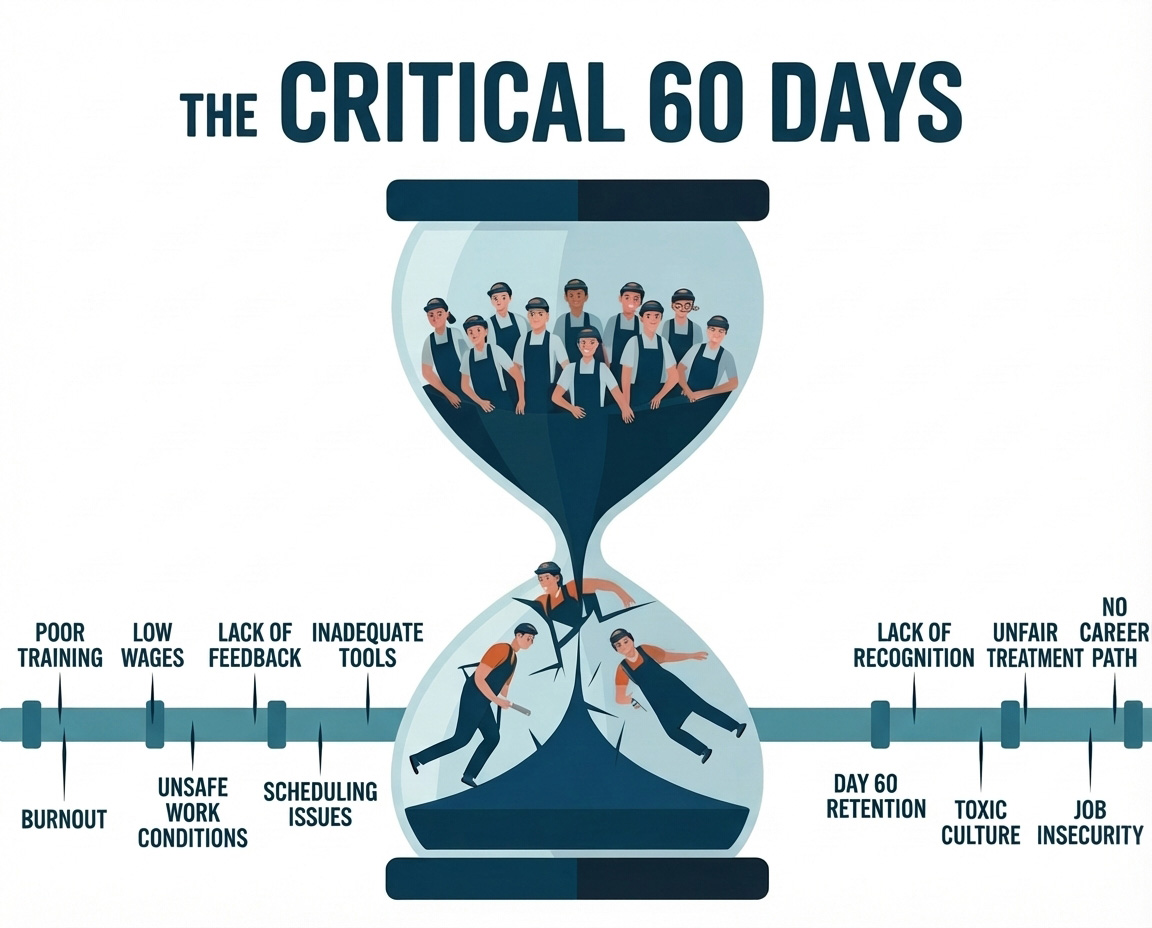 Flat vector illustration of an hourglass showing new cleaning hires falling through cracks labeled as common turnover triggers within the first 60 days.