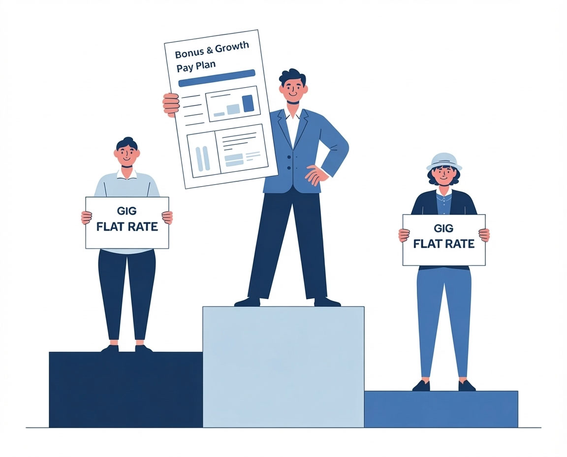 A flat vector graphic showing a cleaning company owner using a strategic pay plan to win talent over gig and warehouse jobs.