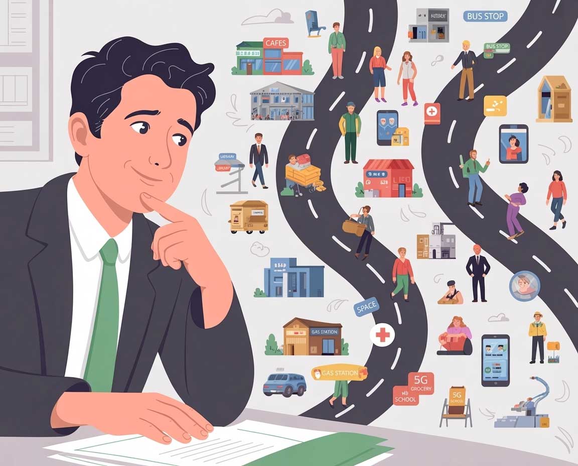 Flat vector illustration of a cleaning company mapping direct and indirect hiring competition, showing how cleaning company recruiting competes with retail, warehouse, caregiving, and gig jobs for reliable cleaners.