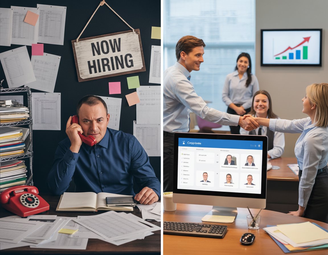 A split-screen comparison showing a stressed man at a cluttered desk with paper documents and a "NOW HIRING" sign on the left, and a modern office where two professionals shake hands behind a computer displaying recruitment software on the right.