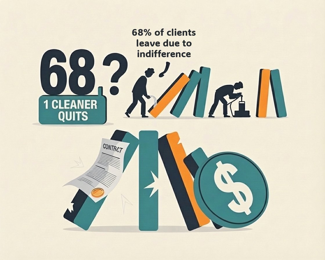 Flat vector domino-effect illustration showing how one cleaning employee departure triggers client loss, inconsistent service quality, team burnout, and revenue decline