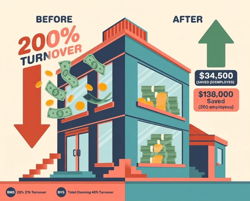 Flat vector before-and-after illustration showing cleaning company savings from reducing turnover — a 50-employee company saves $34,500 and a 200-employee company saves $138,000 annually