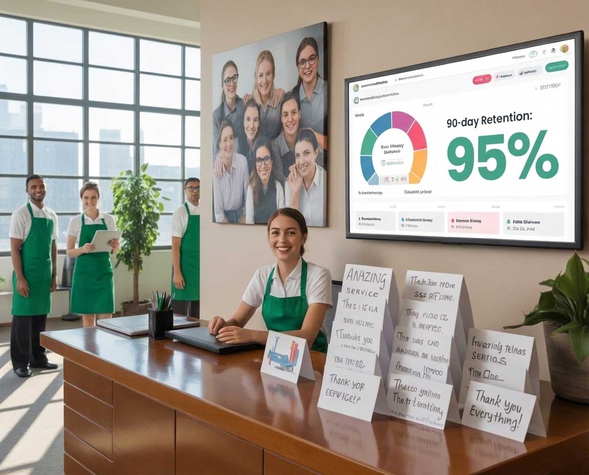 A flat vector illustration of a successful, thriving cleaning business with a happy, long-term team celebrating milestones and a steady upward growth chart