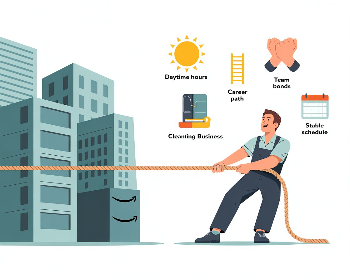  Flat vector of a small cleaning company competing with Amazon and gig work by offering daytime hours, career growth, and team stability.