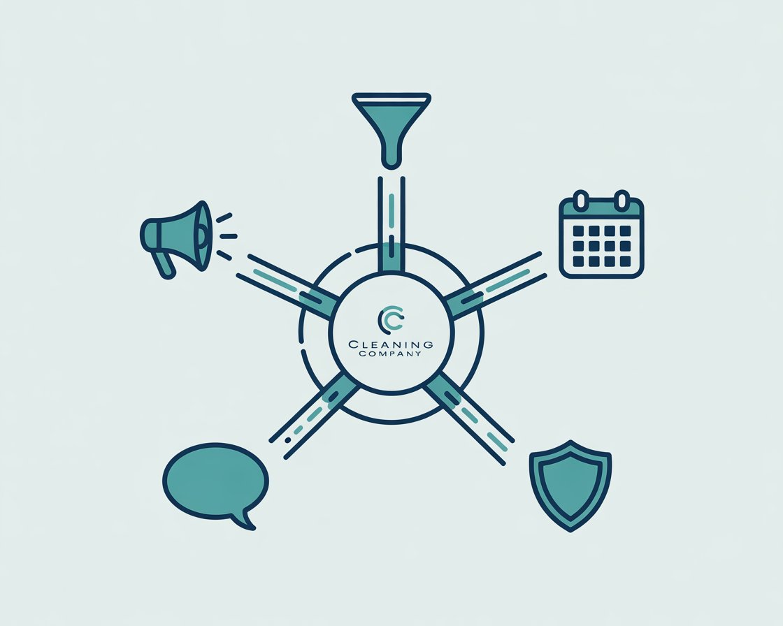  Flat vector diagram of an automated cleaning industry recruiting system handling five core HR functions: posting, screening, scheduling, communication, and compliance.