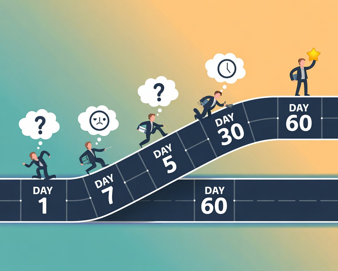 Flat vector timeline showing the early causes of cleaner turnover in the first 60 days, including weak onboarding, schedule mismatch, and poor communication in cleaning staff retention.