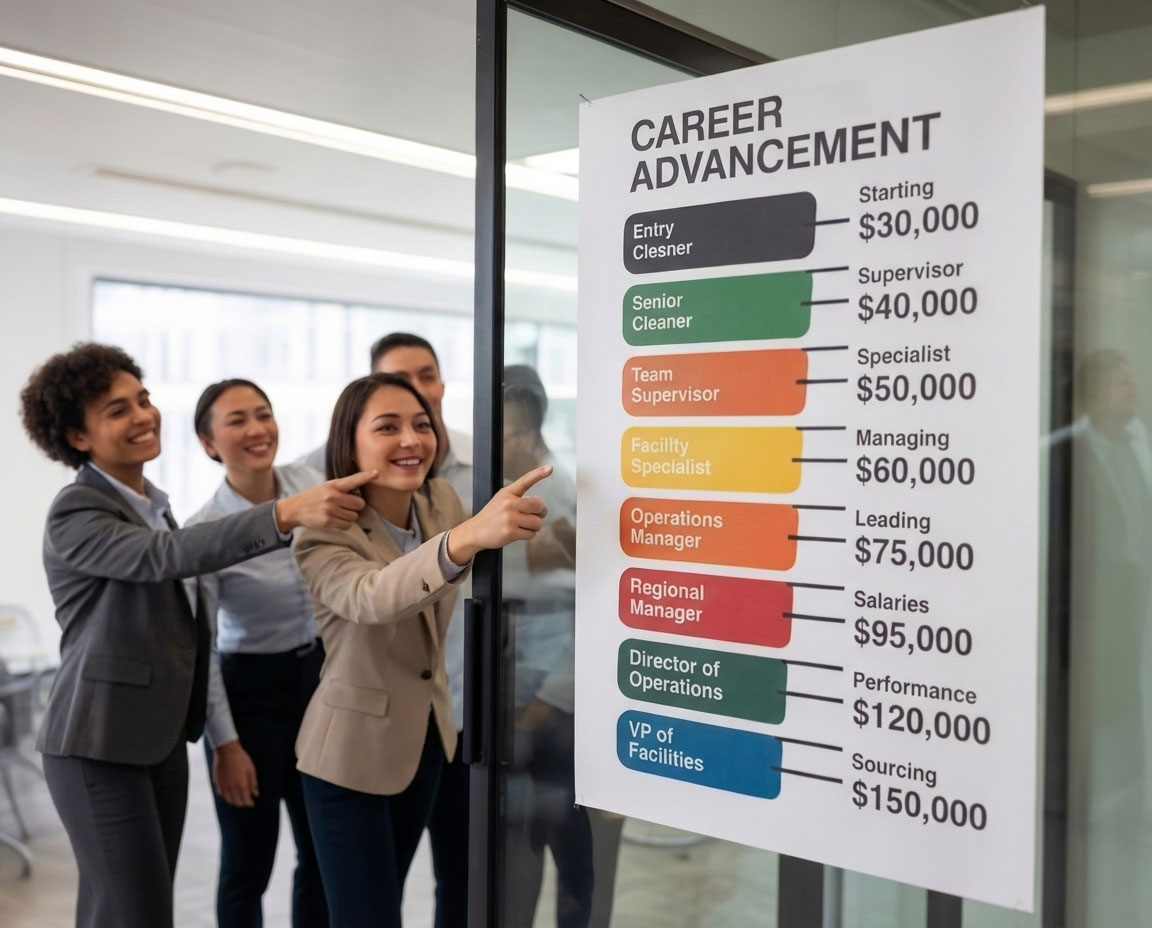 A diverse group of smiling office employees pointing at a career advancement poster on a glass door, showing a facilities management career path with job titles and salary tiers.