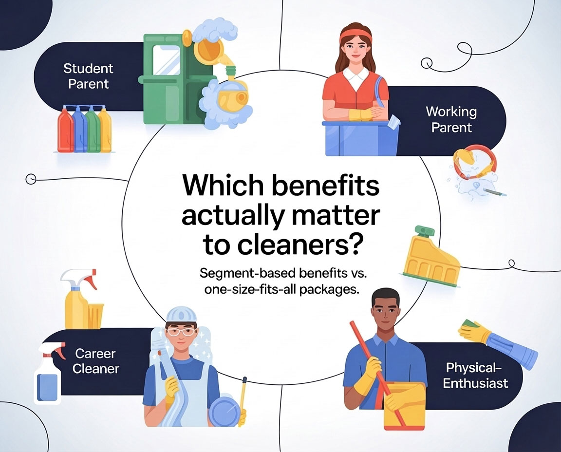  A flat vector illustration separating wasted corporate perks from the meaningful benefits that actually reduce cleaner turnover.