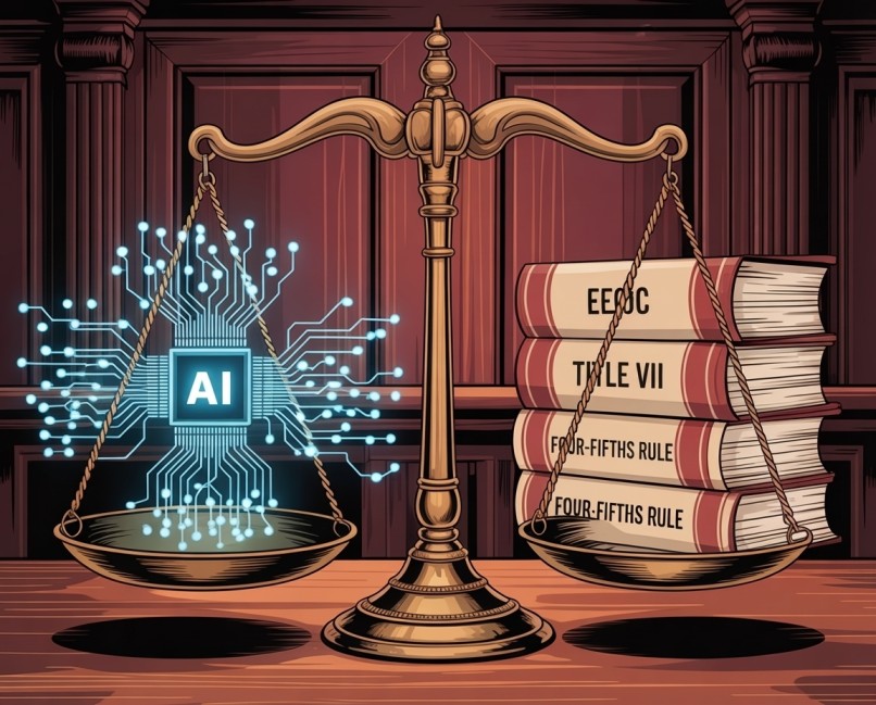 An illustration of the scales of justice with a pair of hands adjusting the balance. The left scale holds a glowing AI microchip and brass weights labeled "Bias Audit," "Ethical Framework," and "Transparency Report." The right scale holds a stack of law b