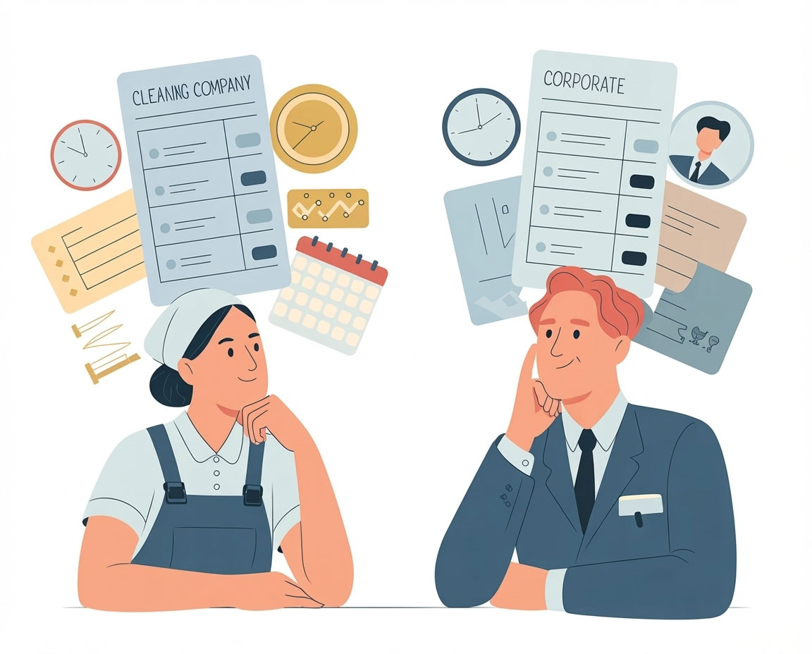 Flat vector illustration of a cleaner comparing job offers based on perceived fair pay, schedule, respect, and growth, highlighting why cleaning companies lose workers and how cleaner turnover can be reduced.