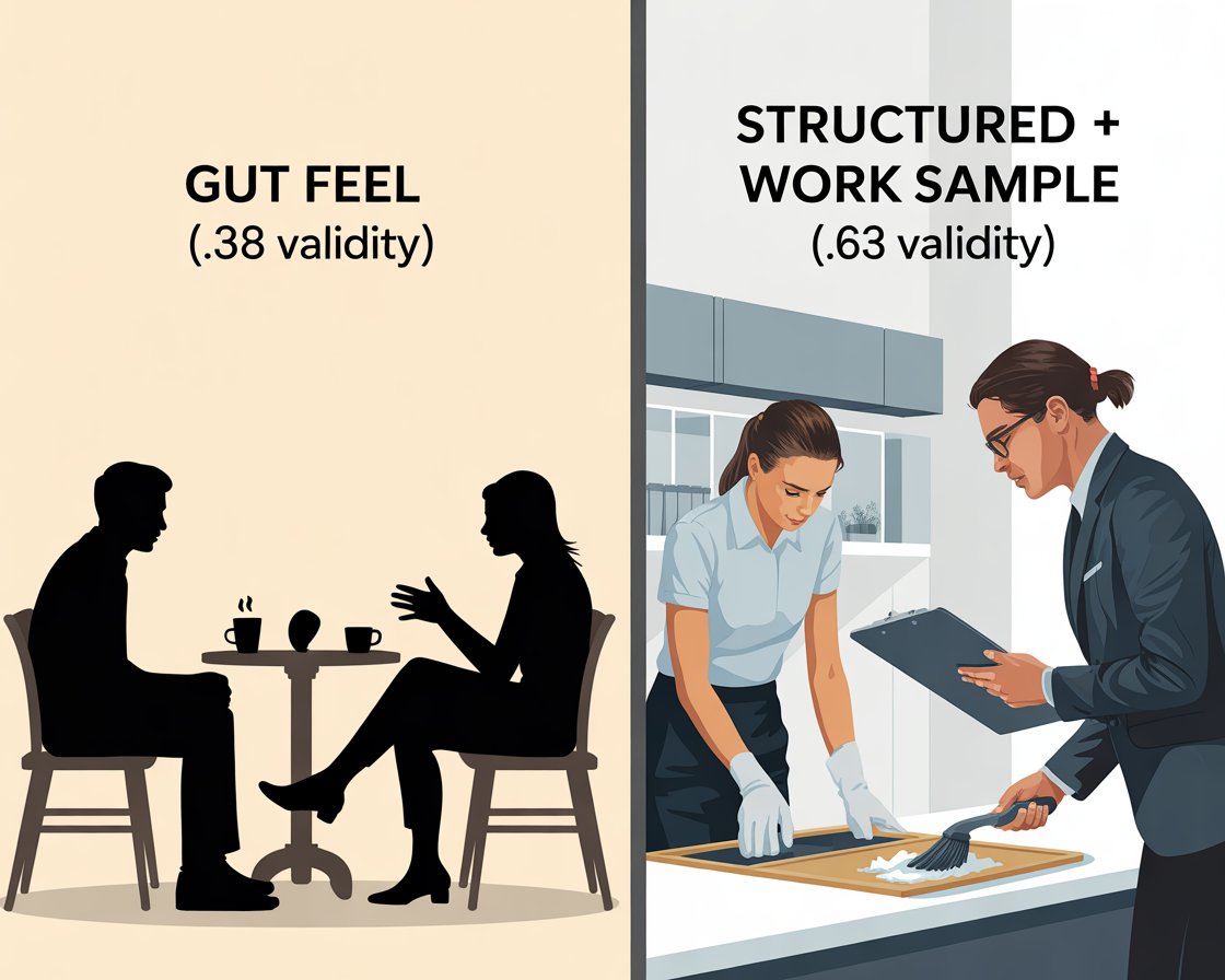 An infographic comparing hiring methods. The left side features silhouetted figures chatting over coffee under the text "GUT FEEL (.38 validity)". The right side illustrates a candidate performing a cleaning task while being evaluated by a person with a c