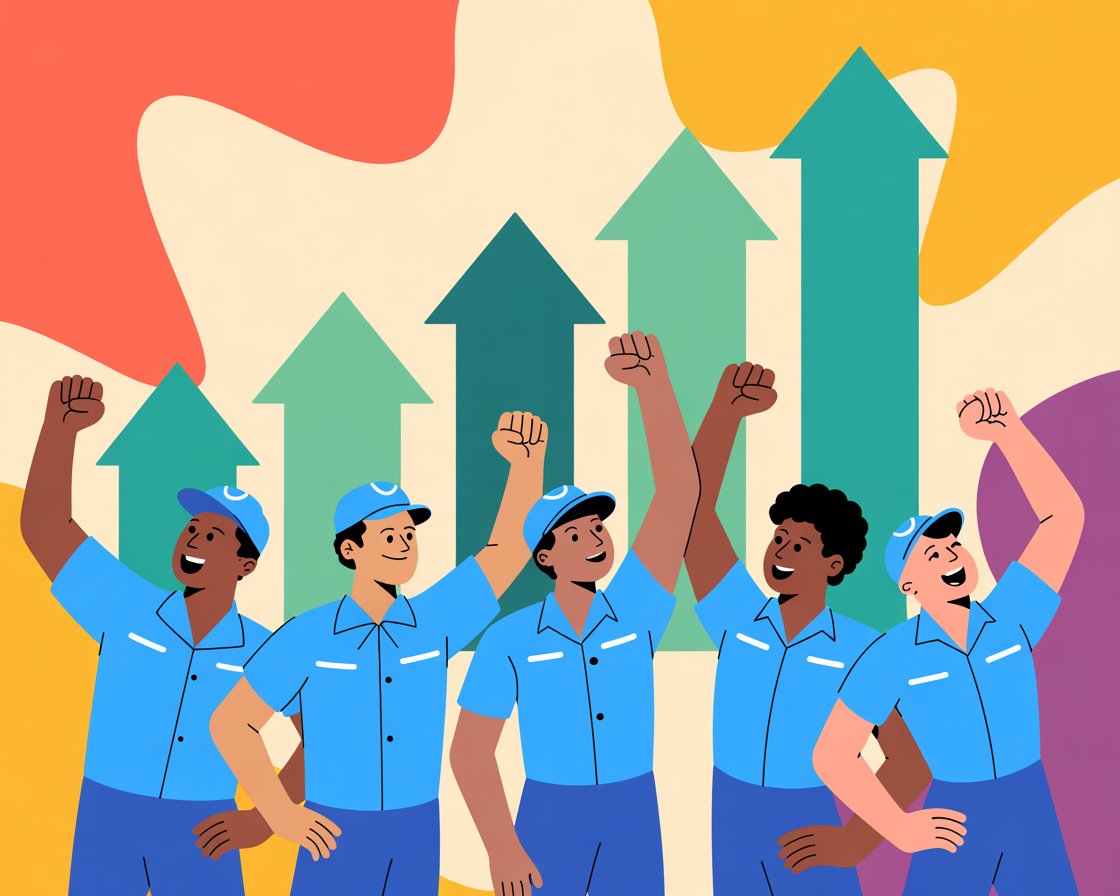  Flat vector of a cleaning business owner with a stable high-performing team, showing improved retention, revenue growth, and work-life balance.