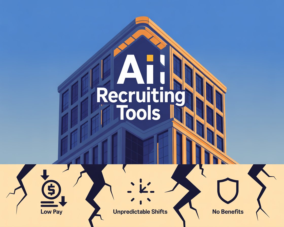 Flat vector illustration of a modern building labeled AI Recruiting Tools standing on a cracked foundation representing low pay, unstable shifts, and no benefits in cleaning industry hiring