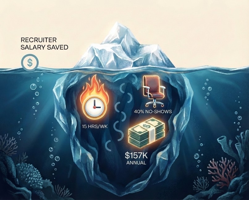 Iceberg infographic showing hidden costs of hiring cleaners without HR, including $157K annual losses from turnover, no-shows, and owner time.