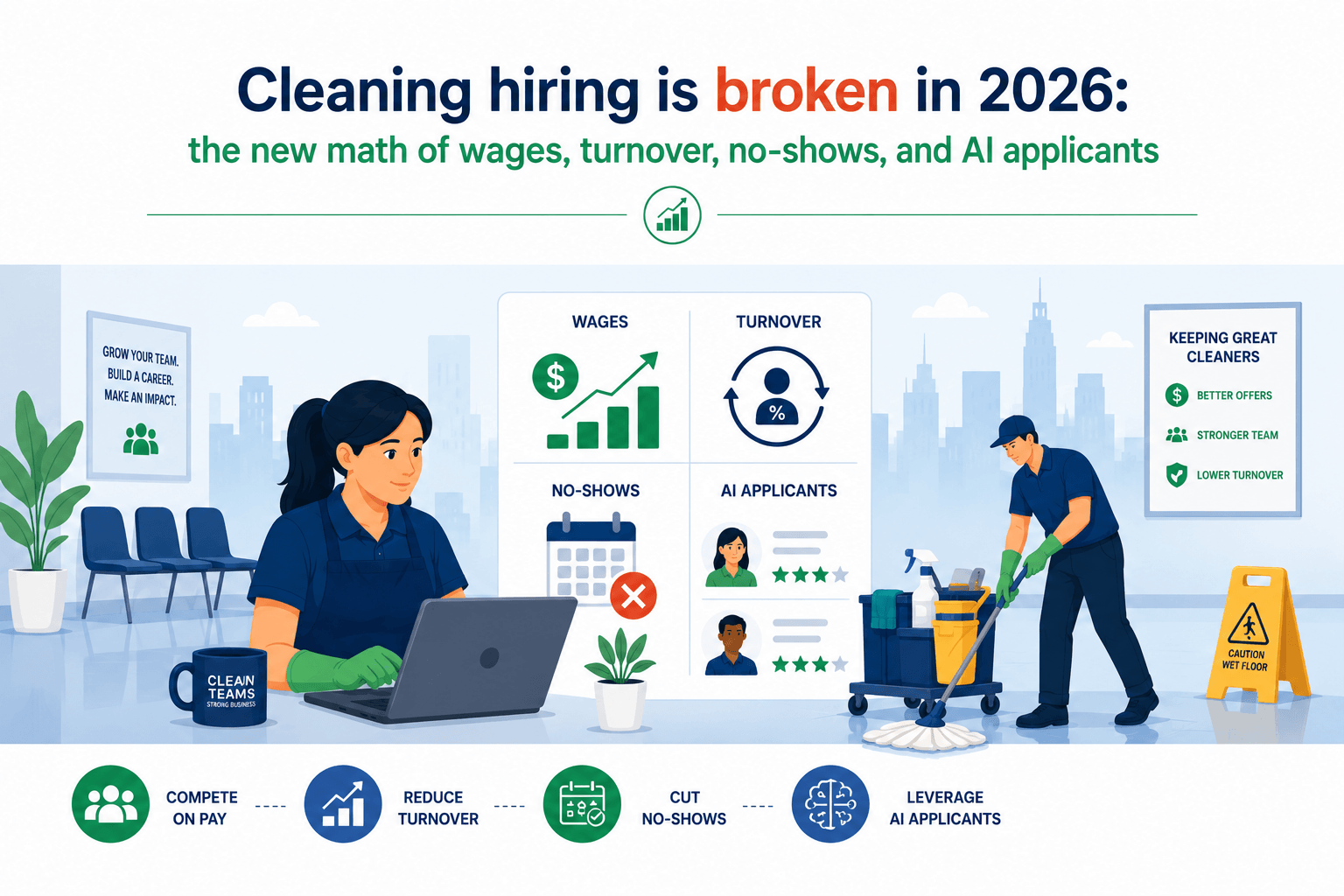 Cleaning hiring is broken in 2026: the new math of wages, turnover, no-shows, and AI applicants