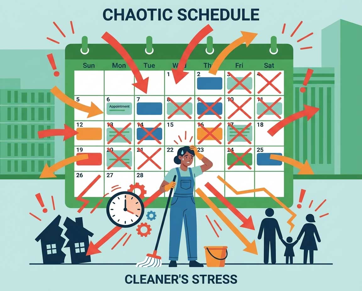 Flat vector illustration of a chaotic work schedule with constantly changing shifts affecting a cleaner's work-life balance, showing how schedule unpredictability drives cleaning staff turnover